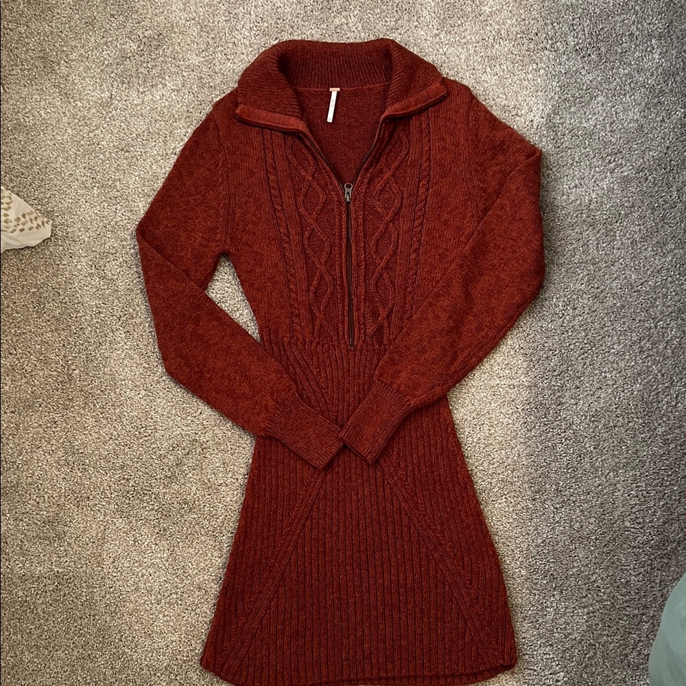 Free People Cable-Knit Half-Zip Sweater Dress in Deep Rust